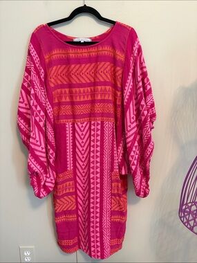 Just Bellina Fuchsia Geometric Cotton Dolman Sleeve Tassel Dress NWOTS